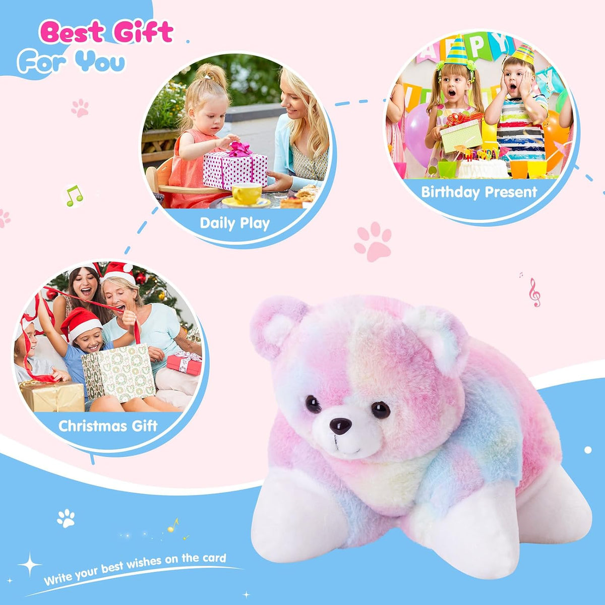 Glow Guards 15" Light up Musical Rainbow Teddy Bear Plush Pillow Cute Pink