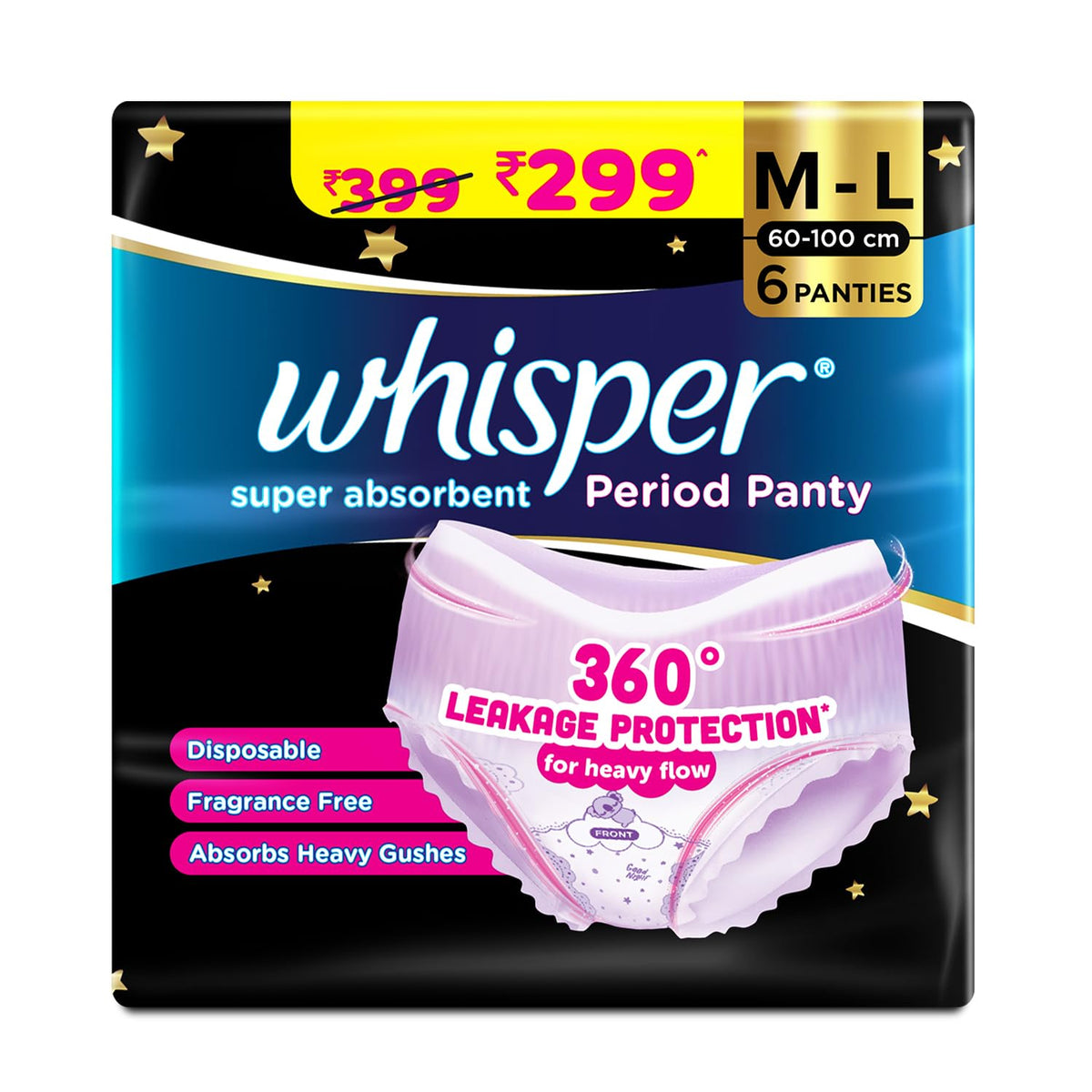 CONFETTIWOW Whisper Bindazzz Night Period Panty|6 M-L Panties|upto 0% Leaks|360 degree leakage protection|Full back coverage|Suitable for Heavy Flow|Flex fit|So