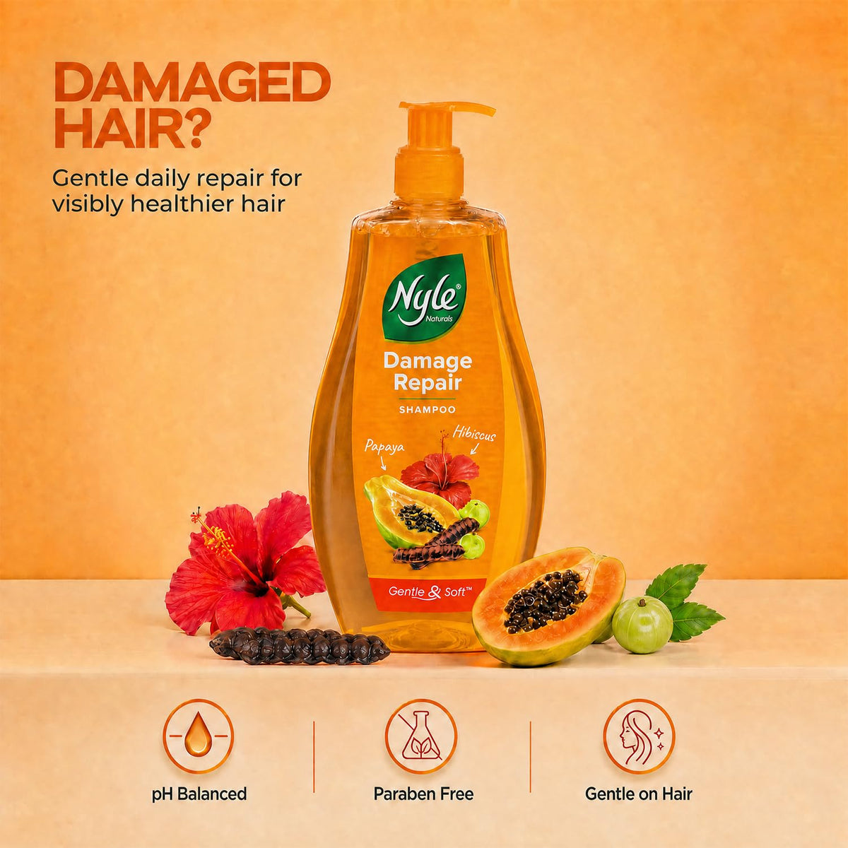 Nyle Naturals Damage Repair Shampoo|Papaya & Shikakai|800ml 800 ml (Pack of 1)