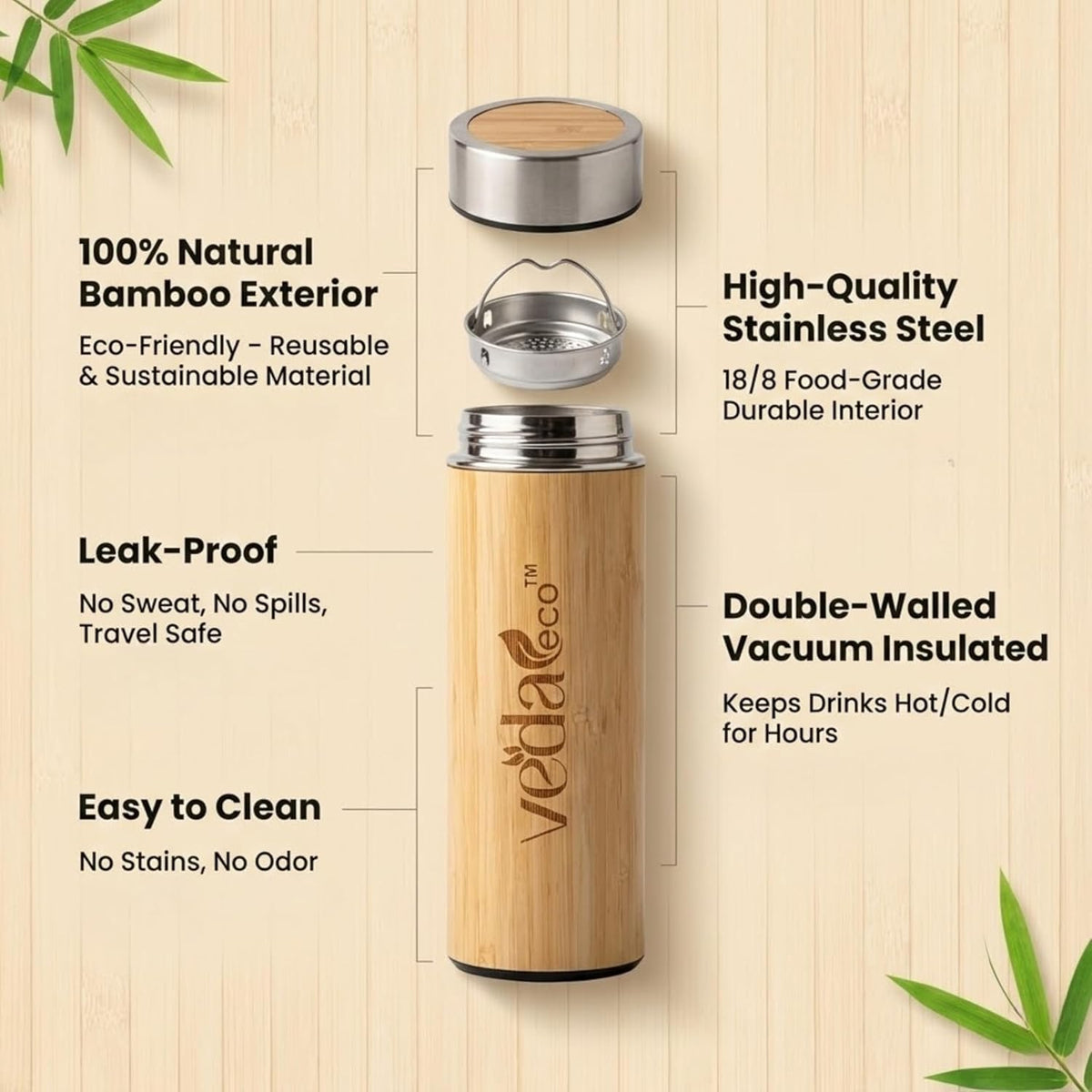 Bamboo Water Bottle with Stainless Steel Interior, 450ml