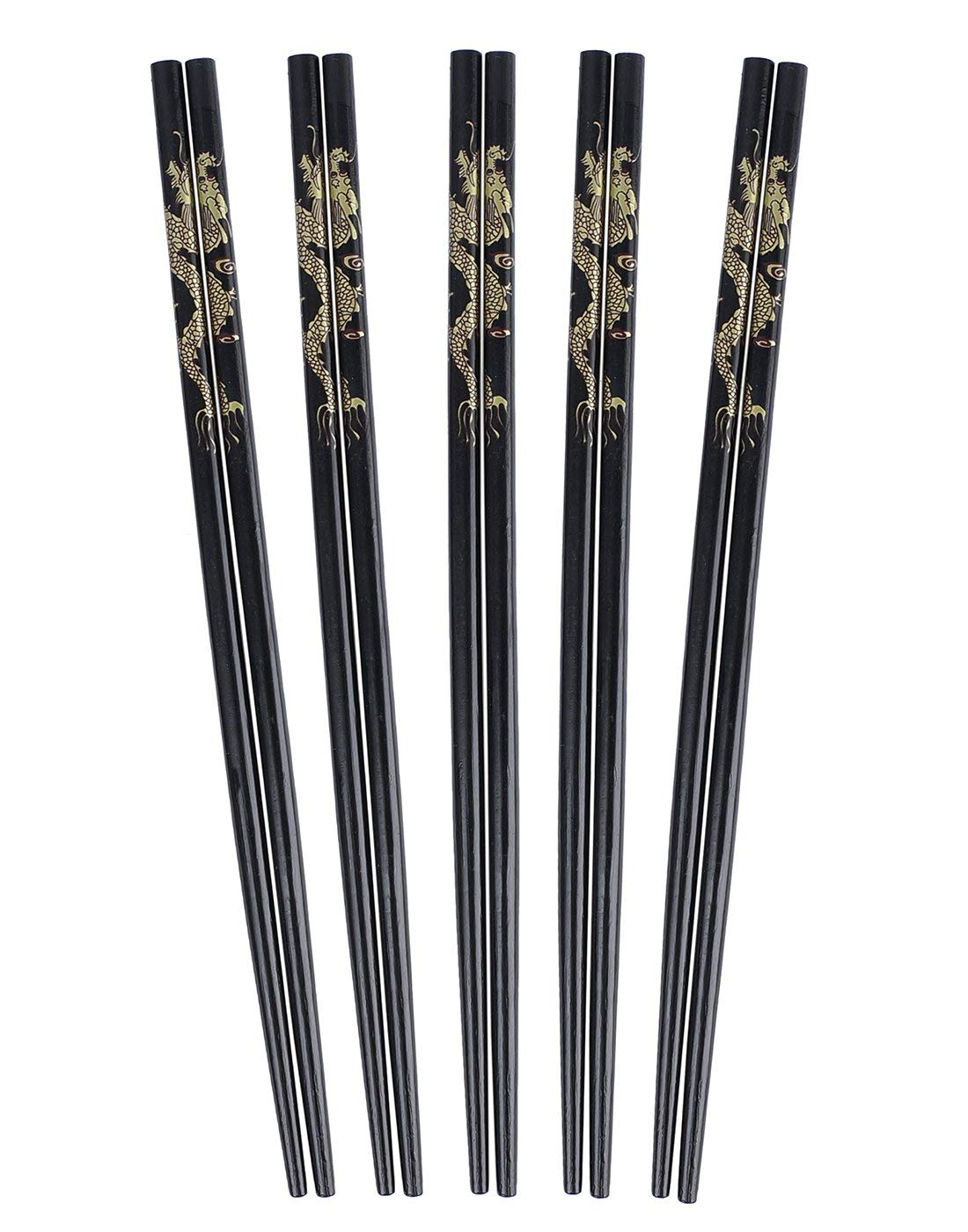 Sakoraware 5 Pairs/10 pcs Reusable Fiberglass Chinese Japanese Chopstick Dragon Black Print Designer, Dishwasher Safe, Round, 9.5 Inch
