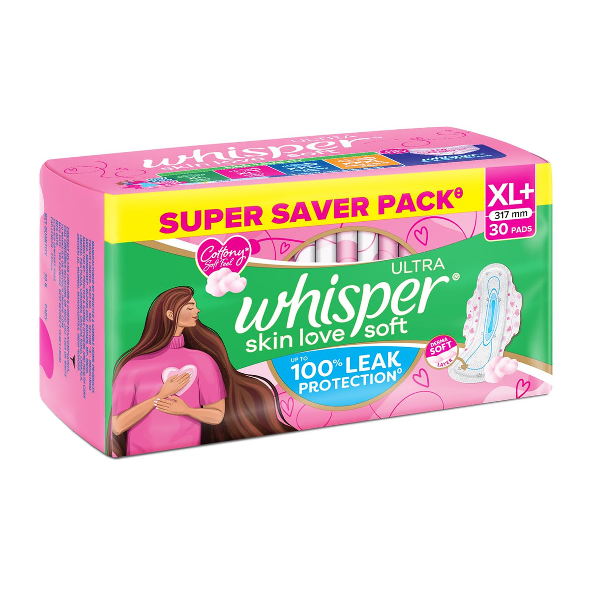 Whisper Ultra Skin Love Soft Sanitary Pads for Women, XL+ 30 Pads, Cottony Soft Feel, Upto 100% Leak* Protection, Disposable Wrapper, Locks Odour & Wetness (Pro