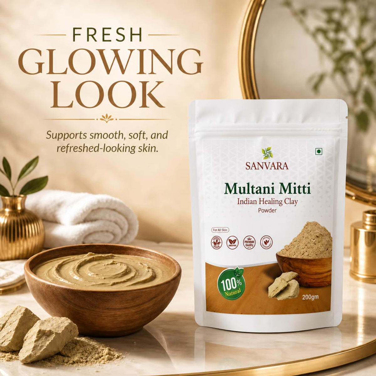 SANVARA Multani Mitti Powder 200g | 100% Pure Fuller’s Earth Powder for Face & Hair Care | Natural Clay Face Pack | Helps Remove Excess Oil & Impurities | For S