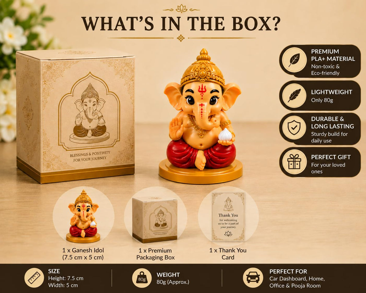VASPAR Cute Baby Ganesha Idol for Car Dashboard | Premium Lord Ganesh Murti | Mini Ganpati Statue for Home Decor, Office Desk & Pooja Room | Spiritual Gift | Re