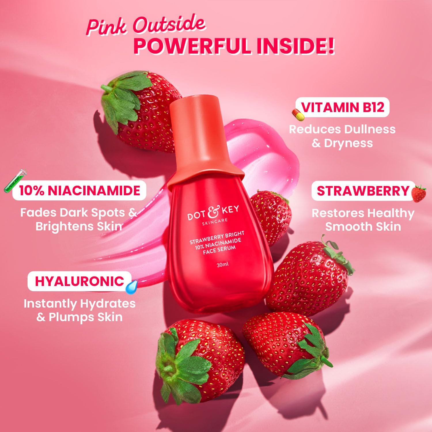 DOT & KEY 10% Niacinamide + Strawberry Face Serum with Vitamin B12 & Hyaluronic Acid | Fades Dark Spots, Hyperpigmentation & Dullness | Hydrates, Smooths & Minimizes Pores | 30ml