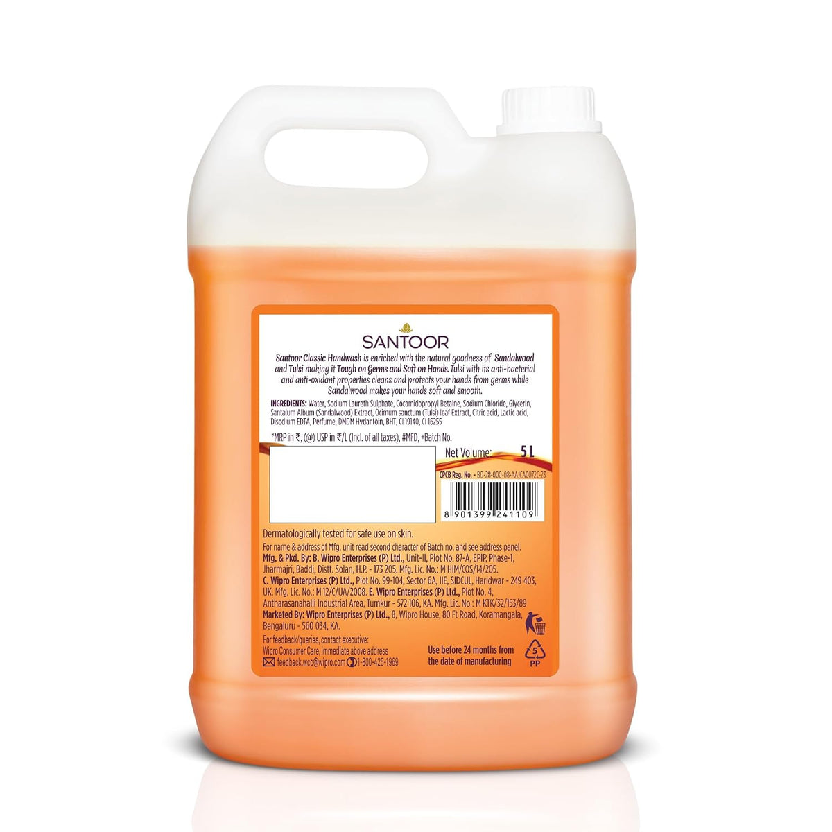 Santoor Classic Gentle Hand Wash 5000ml with Natural Goodness of Sandalwood & Tulsi| Rich Lathering Formula With Anti-Bacterial Properties| Soft on Hands| Sooth
