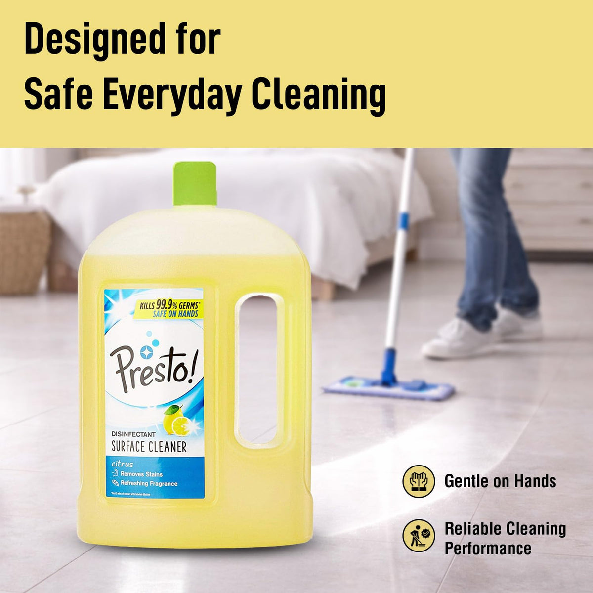 Amazon Brand - Presto! Disinfectant Surface & Floor Cleaner Liquid | Citrus | 2 Litre | 1 Can | Kills 99.9% Germs | Removes Stains | Safe on Hands Floor Cleaner