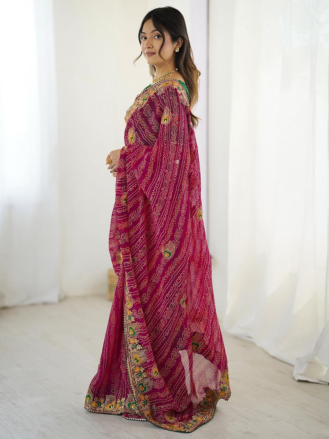Women's Georgette Bandhani Printed Embroidered gota lace Saree with Unstitched Blouse Piece