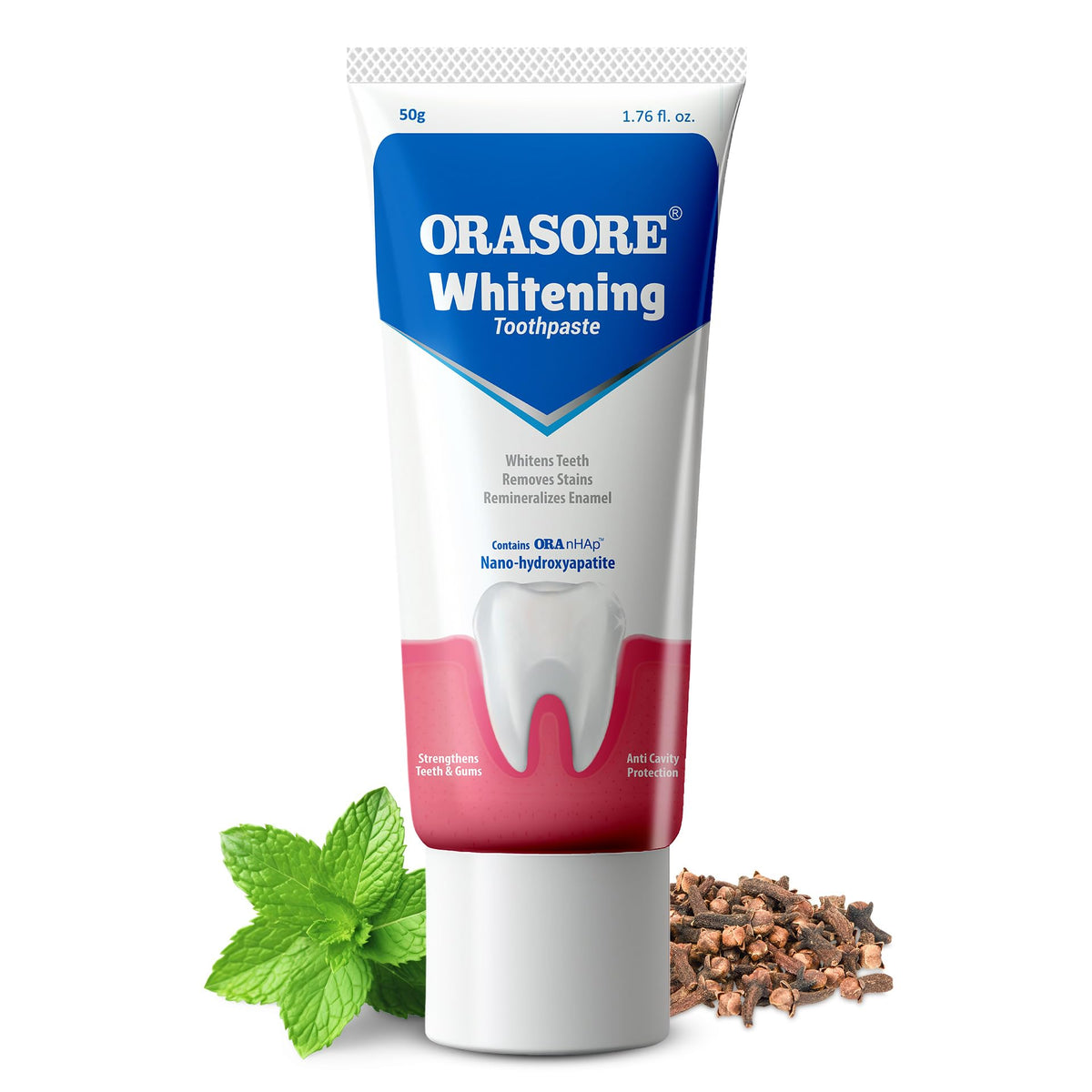 Orasore Whitening Toothpaste 50gm with nHAp | Peroxide-Free | Enamel Remineralizer | Natural Extracts to Reduce Sensitivity, Fight Cavities & Remove Gum Disease