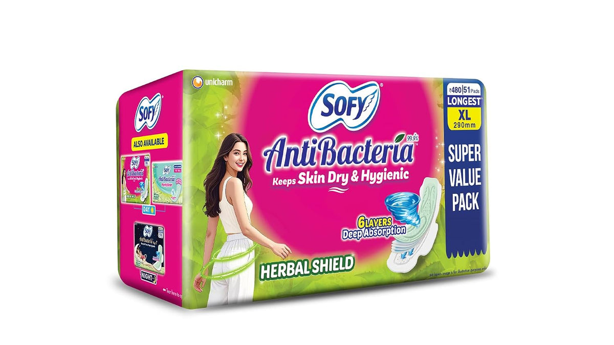 Sofy AntiBacteria XL - 290mm | 51 Count pads | For Women Sanitary Pads | Keep Skin Dry | 6 Layer Deep Absorption | Herbal Shield | Hygiene & Herbs | X-Large One