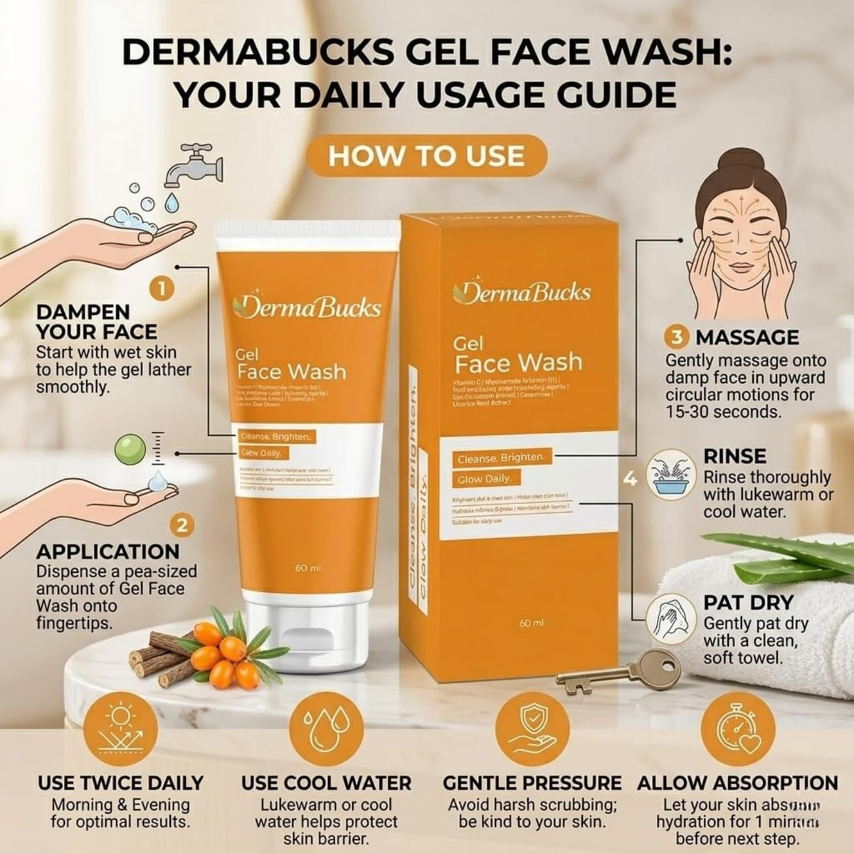 Gel Face Wash 60ml with Vitamin C, Niacinamide (B3) & Ceramides | Mild Exfoliating & Hydrating Cleanser with Sea Buckthorn & Licorice | Brightens Skin, Evens Sk