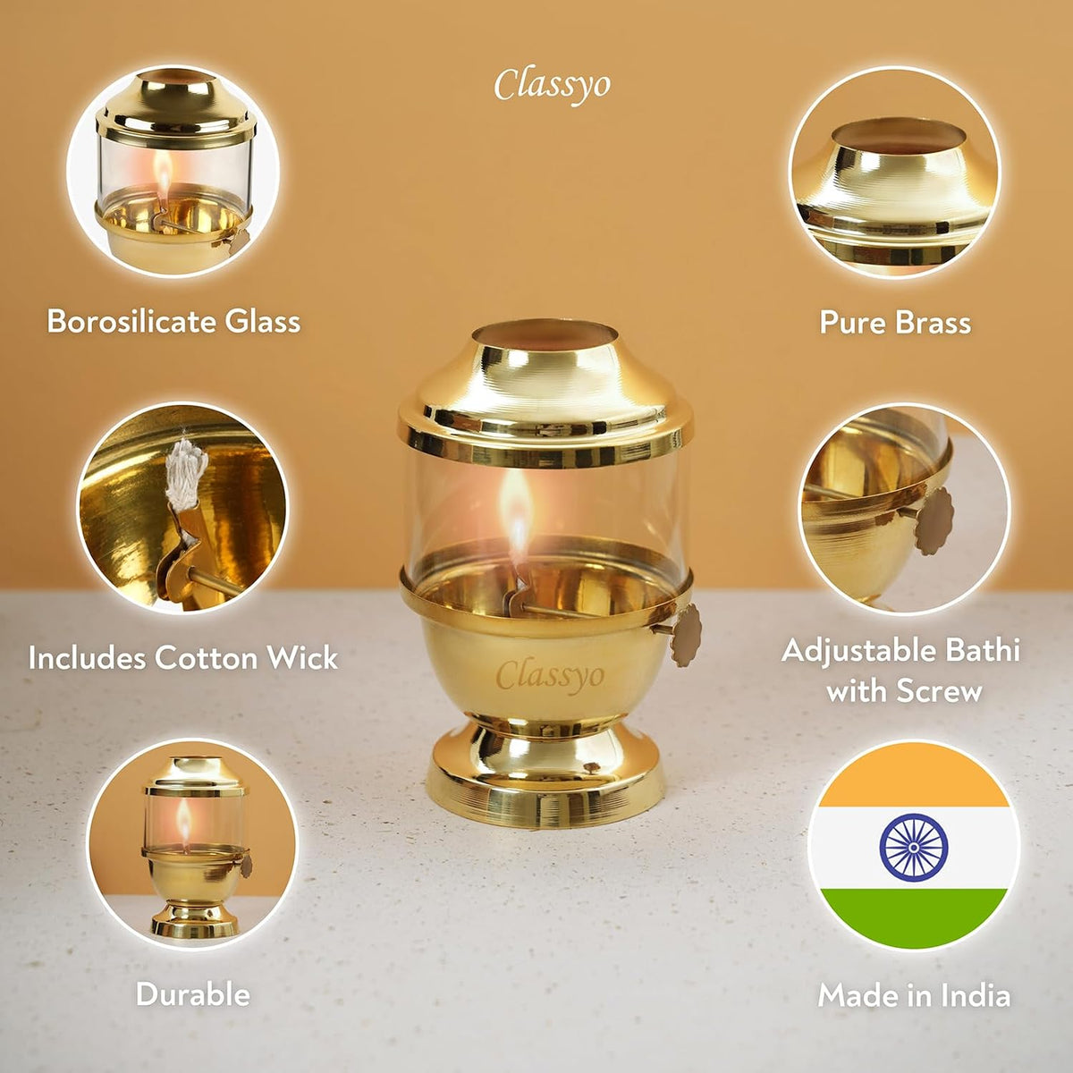 Classyo Pure Brass Akhand Diya with Adjustable Bati with Screw Lever for Puja, Borosilicate Glass (6 inch, 250ml Oil Capacity, Wick Included, Flame up to 48hrs)