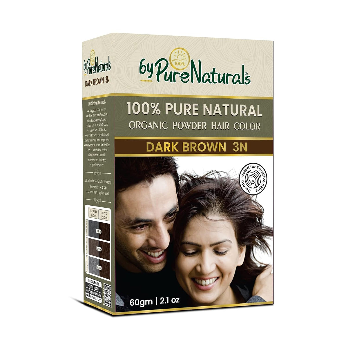 byPureNaturals 100% Organic Hair Colour Powder 3N Dark Brown 60gm- Pack of 2 | Safest Beard Colour for Men | Natural Hair Colour for Women & Men 60 g (Pack of 2