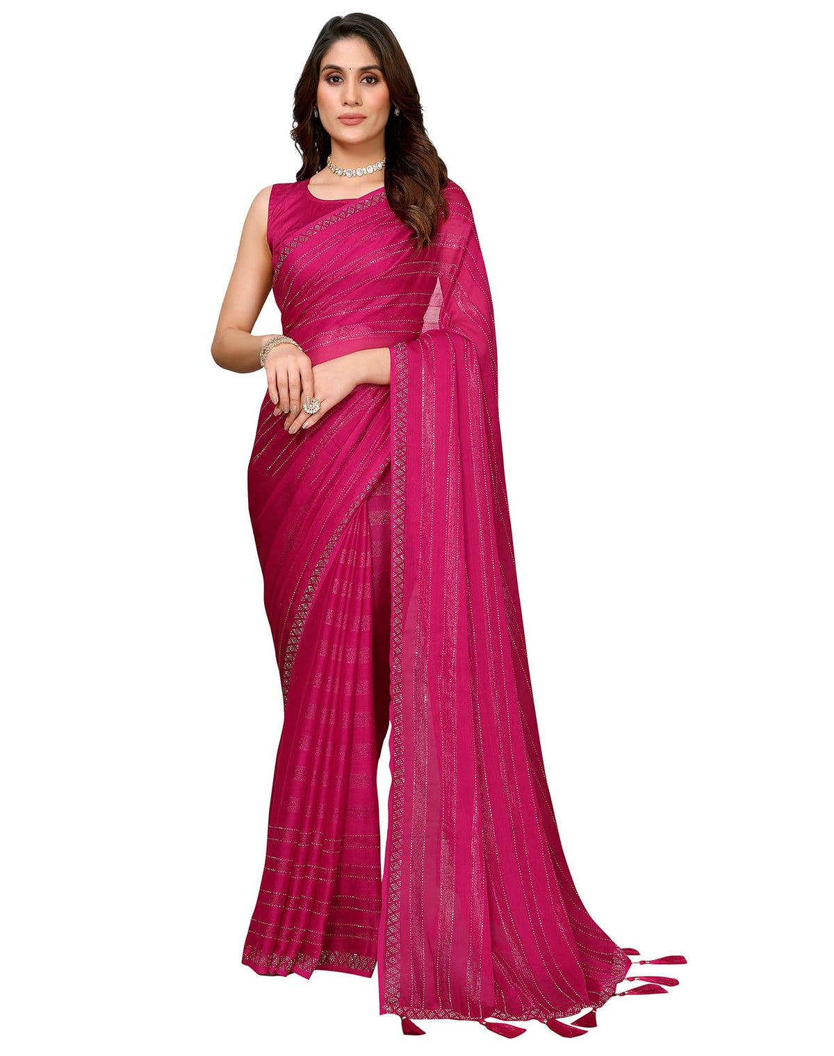 Yashika Women's Chiffon Saree with Lace and Blouse Free Size Pink01