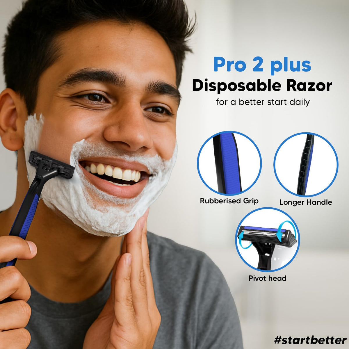 LetsShave Pro 2 Plus Disposable Razor for Men, Pack of 10, Rubber Grip Handle, Stainless Steel Twin Blades Made in South Korea, Open Flow Design with Pivot Head
