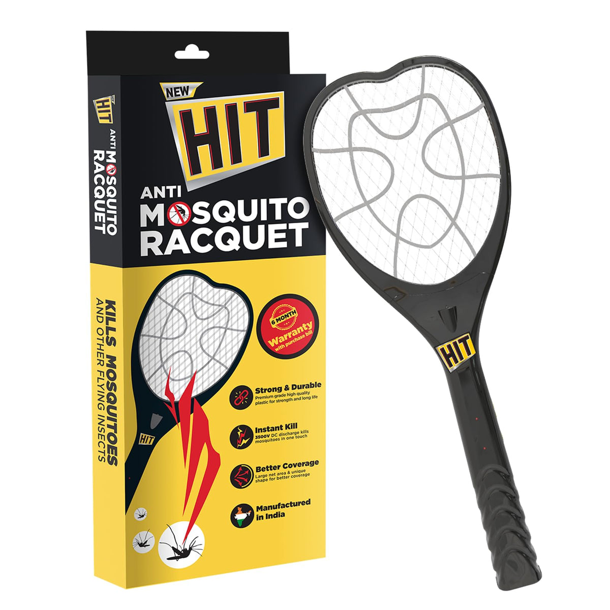 HIT Anti Mosquito Racquet Rechargeable Insect Killer Bat with LED Light Black 54.5 cm Hand operated Racquet