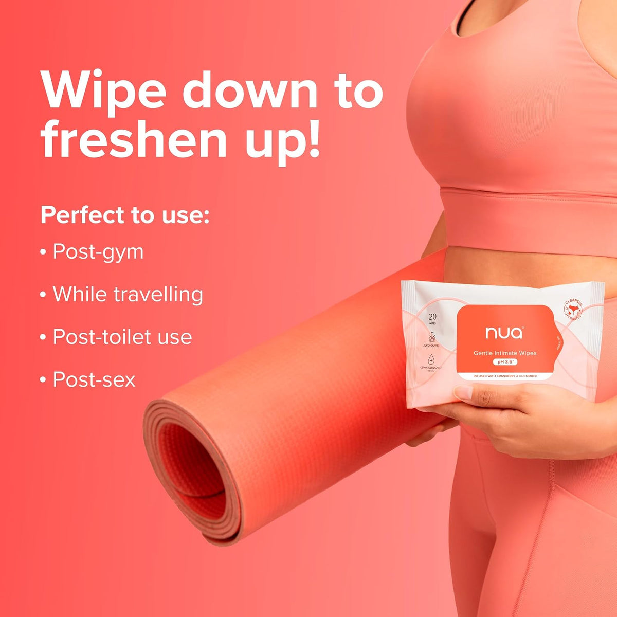 Nua Gentle Intimate Wipes | Infused with Cranberry, Cucumber and Aloe | Alcohol and Artificial-Fragrance Free | 100% Biodegradable 20.0