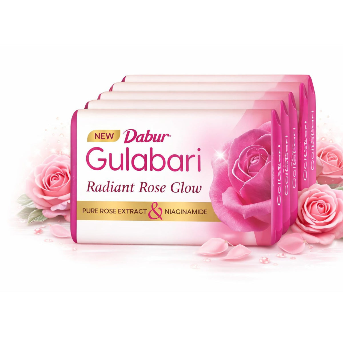 Dabur Gulabari Pure Rose Soap 150g (Pack of 4) | Moisturizing Bathing Soap for Radiant Glowing Skin & Body | Glycerine & Niacinamide | Long Lasting Fragrance |