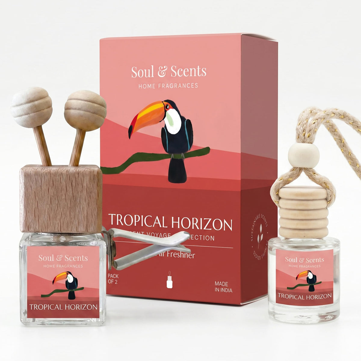 Soul & Scents 16ml Luxury Car Perfumes Raspberry | Tropical Horizon | 2-in-1 Hanging Pod & AC Vent Air Freshener | Premium Wooden Car Fragrance Accessory | Long