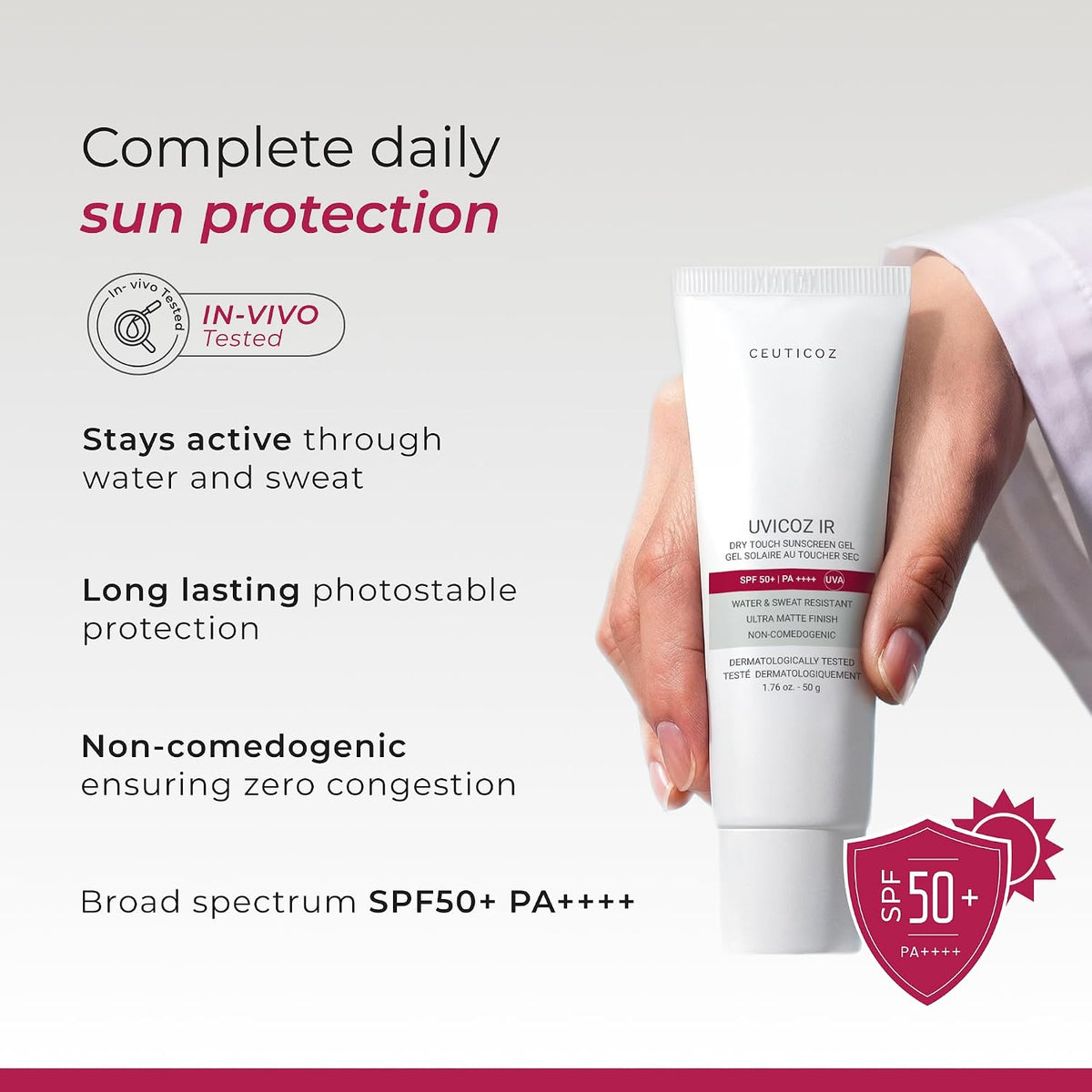 Ceuticoz Uvicoz IR Dry Touch Sunscreen Gel | SPF 50 PA++++ | For Sunburn & Thermal Aging | Infrared & UV protection with matte finish | Uvinal A & Bemotrizinol