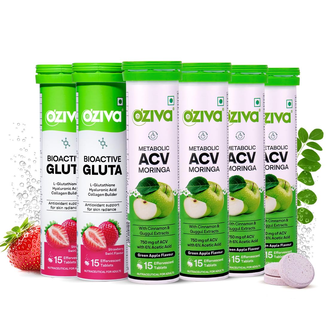 OZiva ACV Moringa| Control Cravings | Green Apple (Pack of 4) and OZiva Bioactive Glutathione Tablets for Radiant Skin - (Pack of 2), Strawberry Green Apple 15
