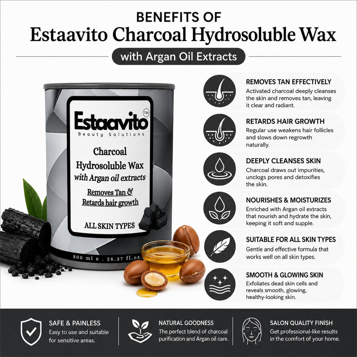 ESTAVITO CHARCOAL Wax 780ml For Hair & Tan Removal | Hydrates & Moisturizes | Perfect for waxing arms, legs, back, chest, and other body areas | Easy to clean w