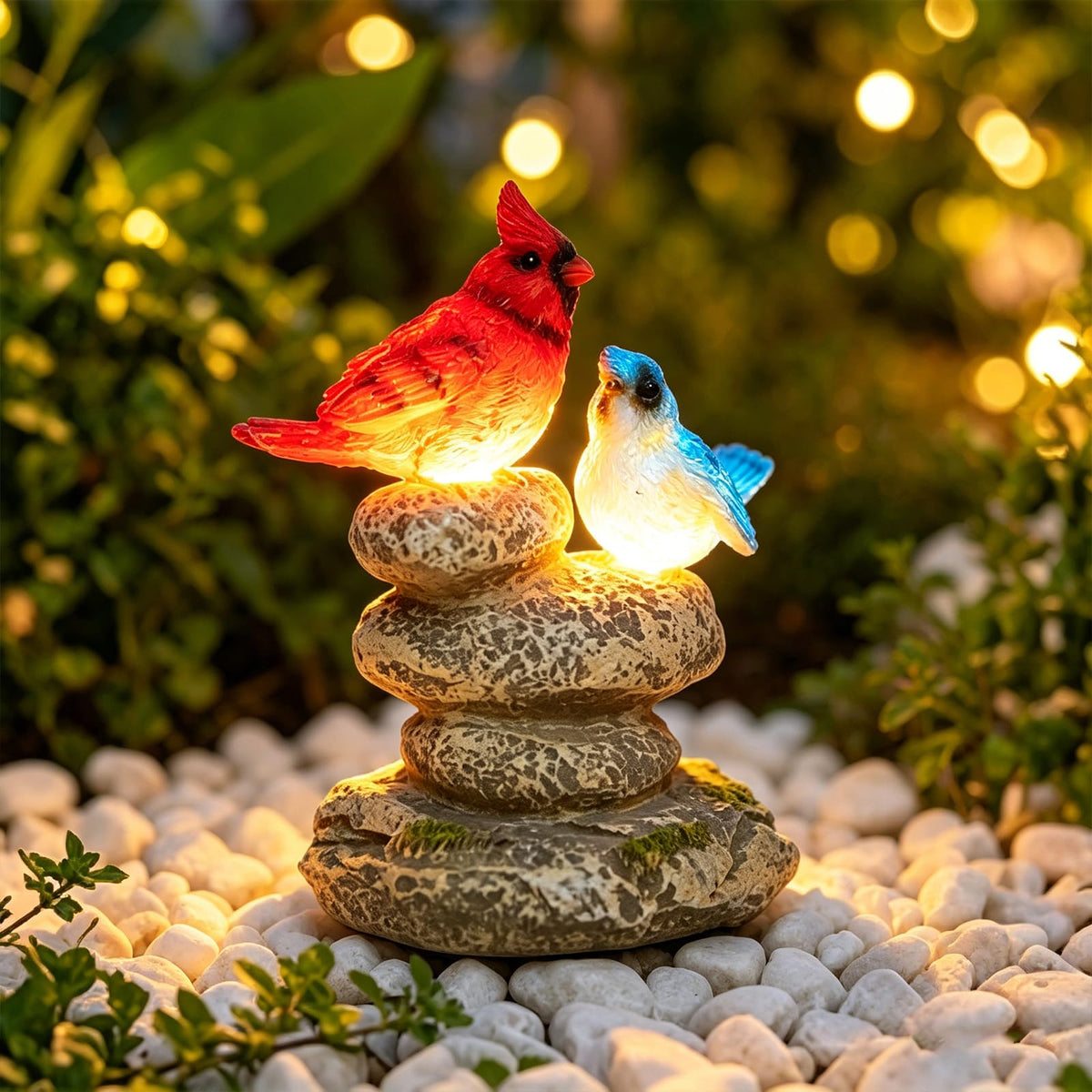 Solar Bird Garden Statue, Cardinal & Bluebird Outdoor Figurine Decor Red-blue