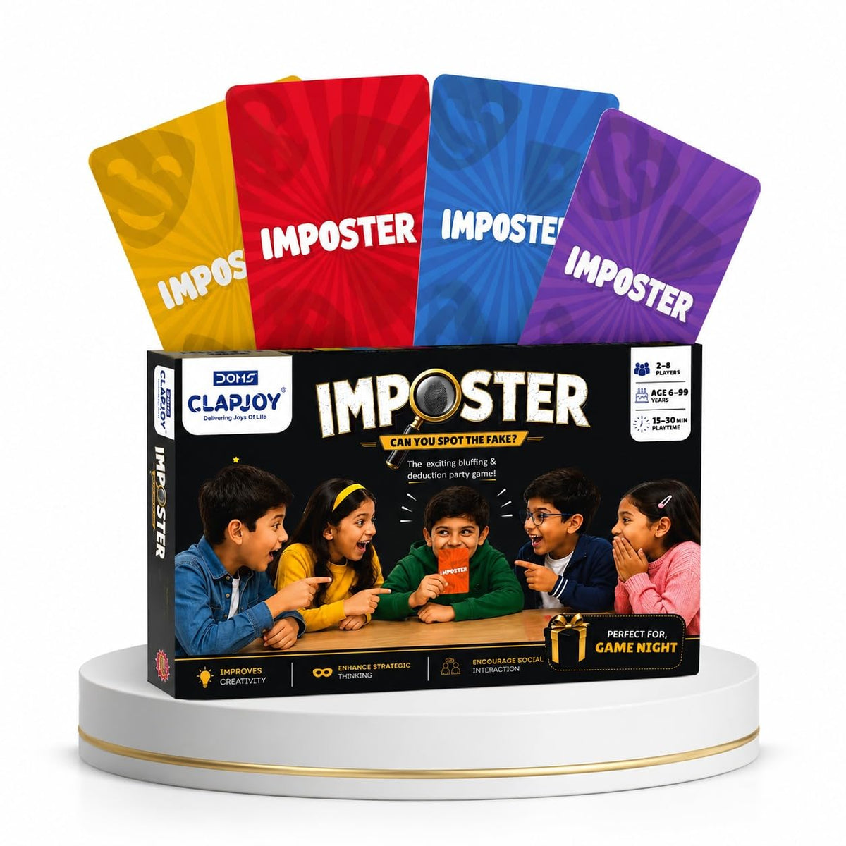 Clapjoy Board & Card Game – Imposter: Can You Spot The Fake? | 80 Cards | Bluffing &Deduction Party Game | Fun for Family Game Nights, Travel, Gifts for Teens &
