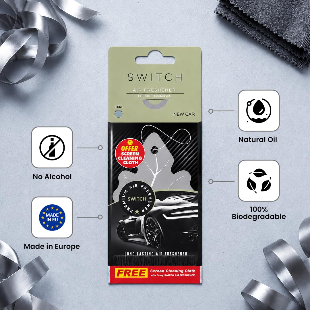 SWITCH New Car Air Freshener Combo | Luxury Hanging Car Perfume | Long Lasting Fragrance | Premium Freshener & Screen Cleaning Cloth | Car Dashboard Decoration