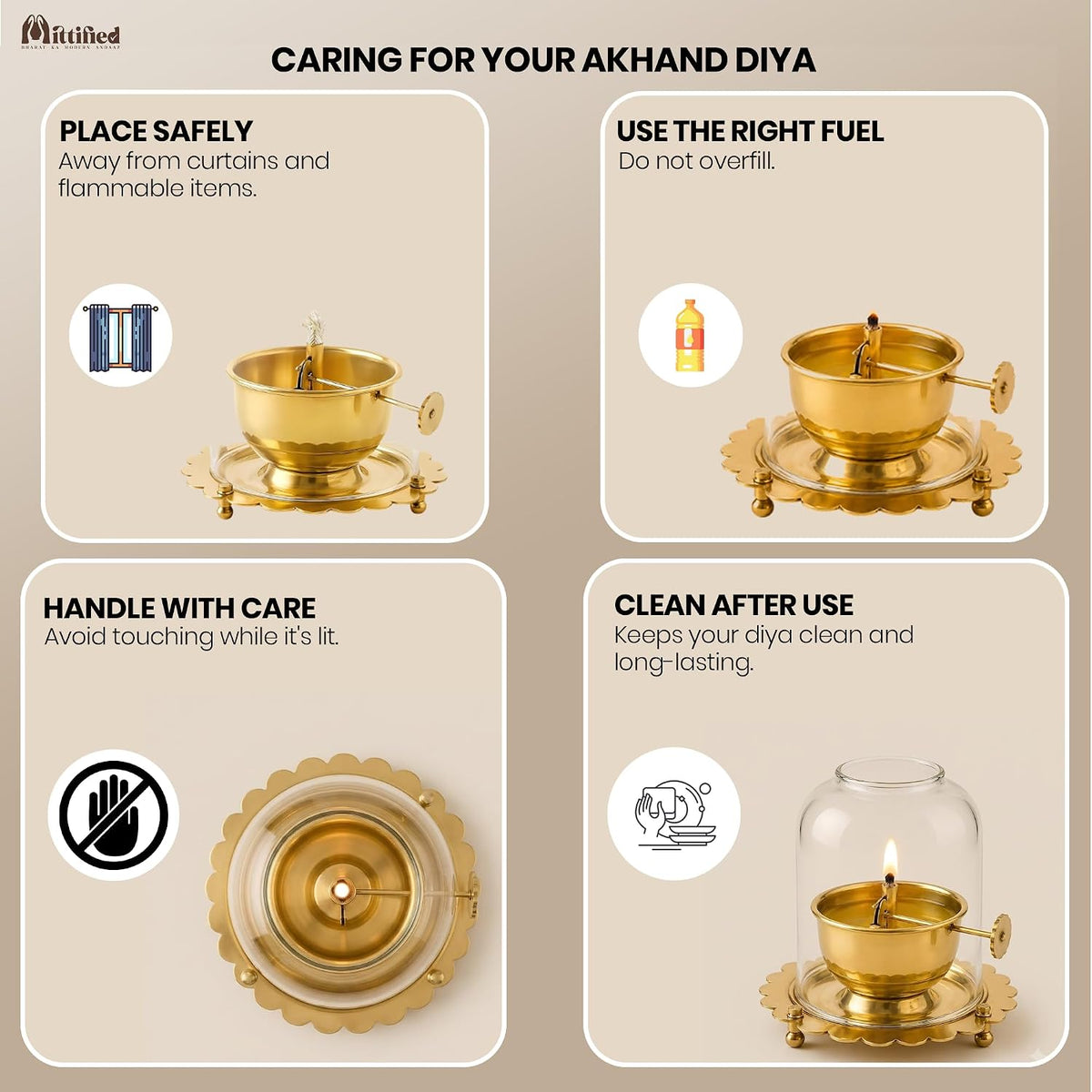 Brass Akhand Jyoti Diya Oil Lamp with Adjustable Bati Knob | Lifting Screw Wick Holder & Borosilicate Glass Cover | Large Size, 200 ml Oil Capacity, Stay Lit fo