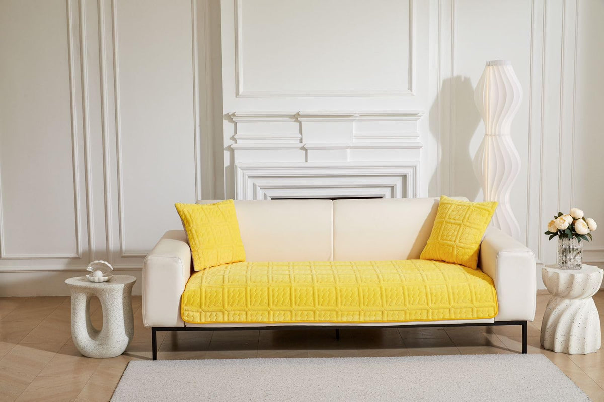 HOMETHREADS Innovative Premium Velvet Sofa Cover Mat with PVC Backing for Non-Slip Comfort | Pack of 1 (Yellow_Stone, 5 Seater | 70x230cm)