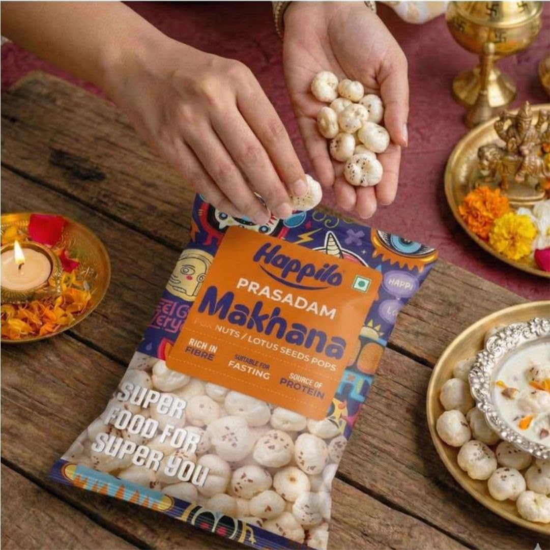 Happilo Premium Plain Prasadam Makhana 200g, Fit for Fasting, Lotus Seed Pop/Gorgon Nut Puffed Kernels, Hand-Picked 200 g (Pack of 1)