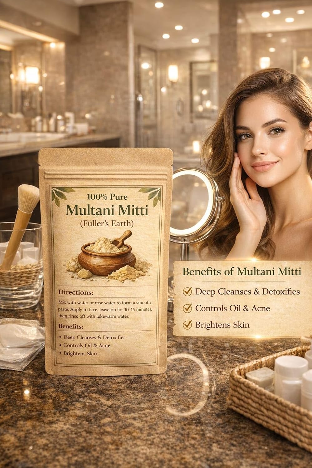 100% Pure Multani Mitti Fuller's Earth Face Pack, Natural Herbal Skincare for Men and Women, Chemical-Free Daily Use