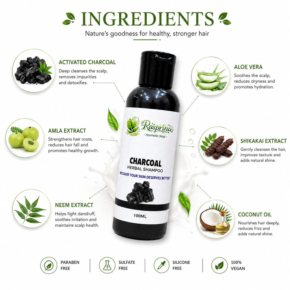 Charcoal Herbal Shampoo for Hair Fall Control with Amla, Shikakai, Neem, Bhringraj & Aloe Vera Extract Deep Cleansing & Anti Dandruff Sulfate, Paraben & Silicon