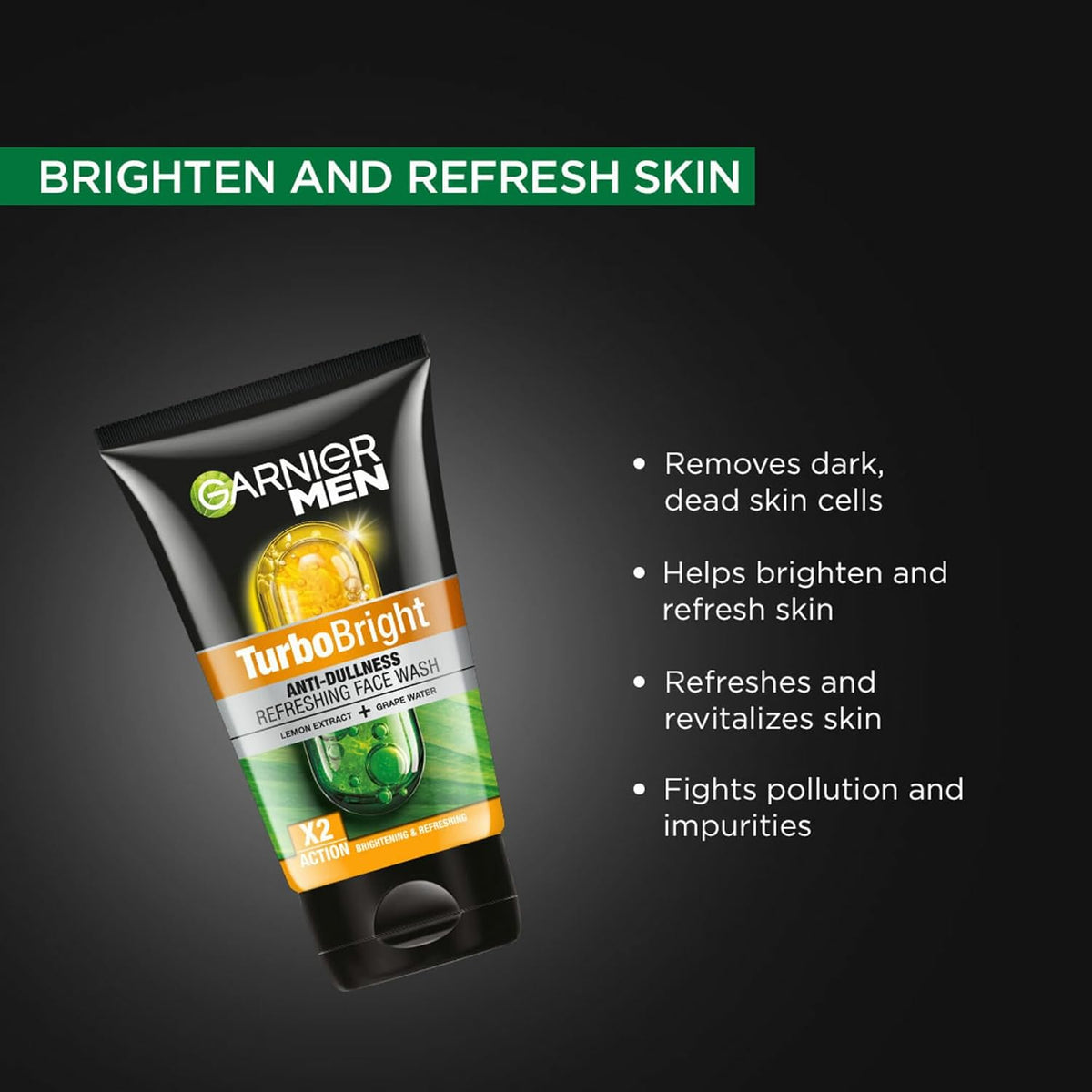 Garnier Men, Face Wash, Brightening & TurboBright Double Action, 100 g