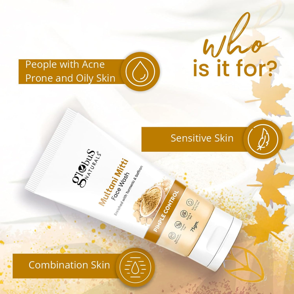 Globus Naturals Multani Mitti Face Wash, Enriched With Turmeric & Saffron, For Pimple Control, Suitable For Oily & Acne Prone Skin, 75 gm