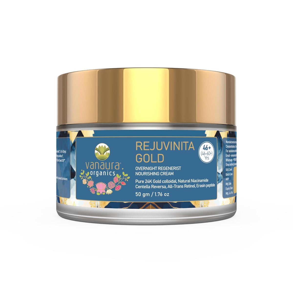 Vanaura Organics Rejuvinita Gold 46+ | Overnight Cream for Glowing Skin | Anti Ageing Night Cream for Women and Men | Pigmentation & Wrinkles |Tanning & Dullnes