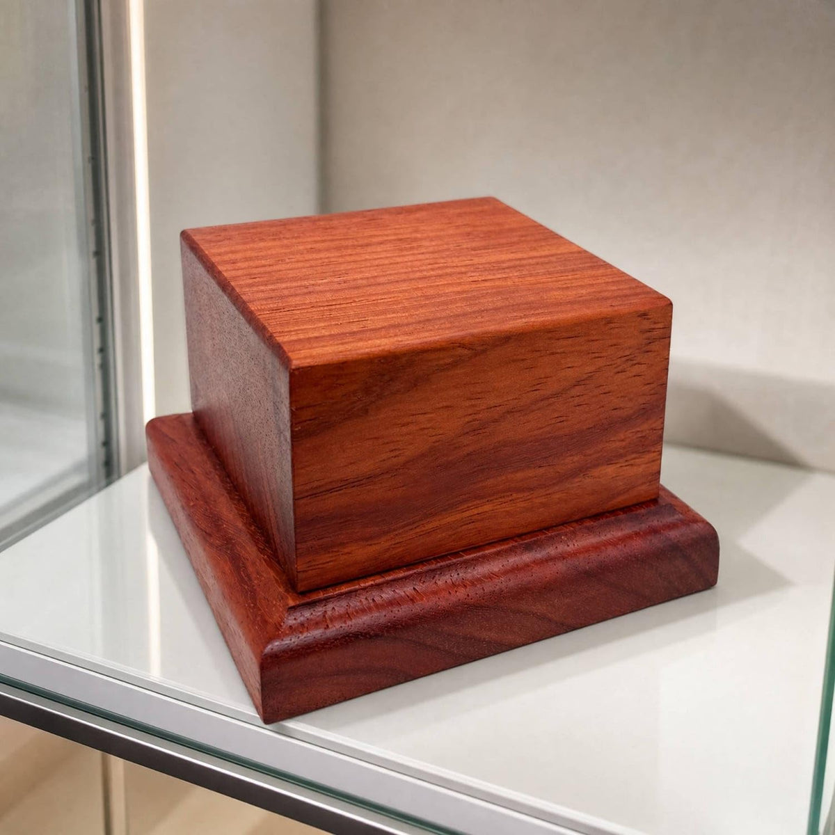 Polished Square Wooden Display Pedestal Versatile Small Wood Display Block with Stepped Base Compact Red Pear Wood Figurine Stand Low-Profile for Collectors, Te