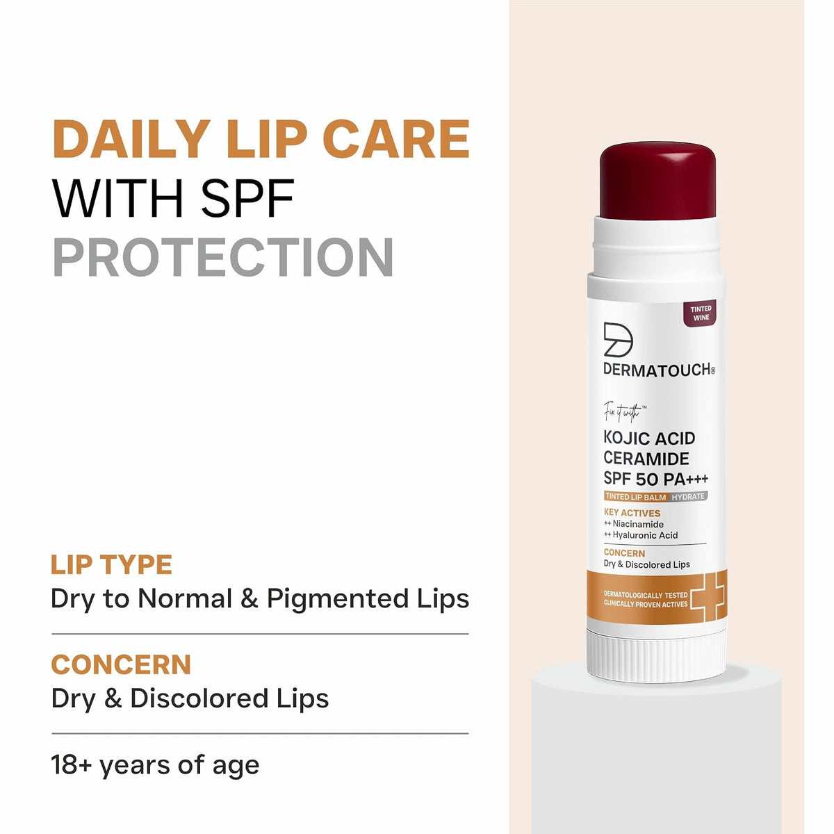 DERMATOUCH Kojic Acid Ceramide SPF 50 PA+++ Tinted Wine Lip Balm - 5g | Moisturizing • Sun Protection • Nourishing | Reduces Pigmentation & Heals Dry Lips