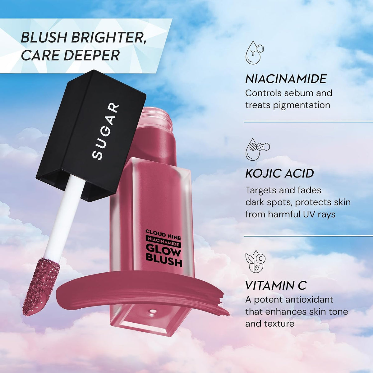 SUGAR Cosmetics Cloud Nine Niacinamide Glow Blush | Long lasting & Ultra-Pigmented | Dewy Finish | 7.6ml - 05 Bingo Plum 05 Bingo Plum 7.6 ml (Pack of 1)