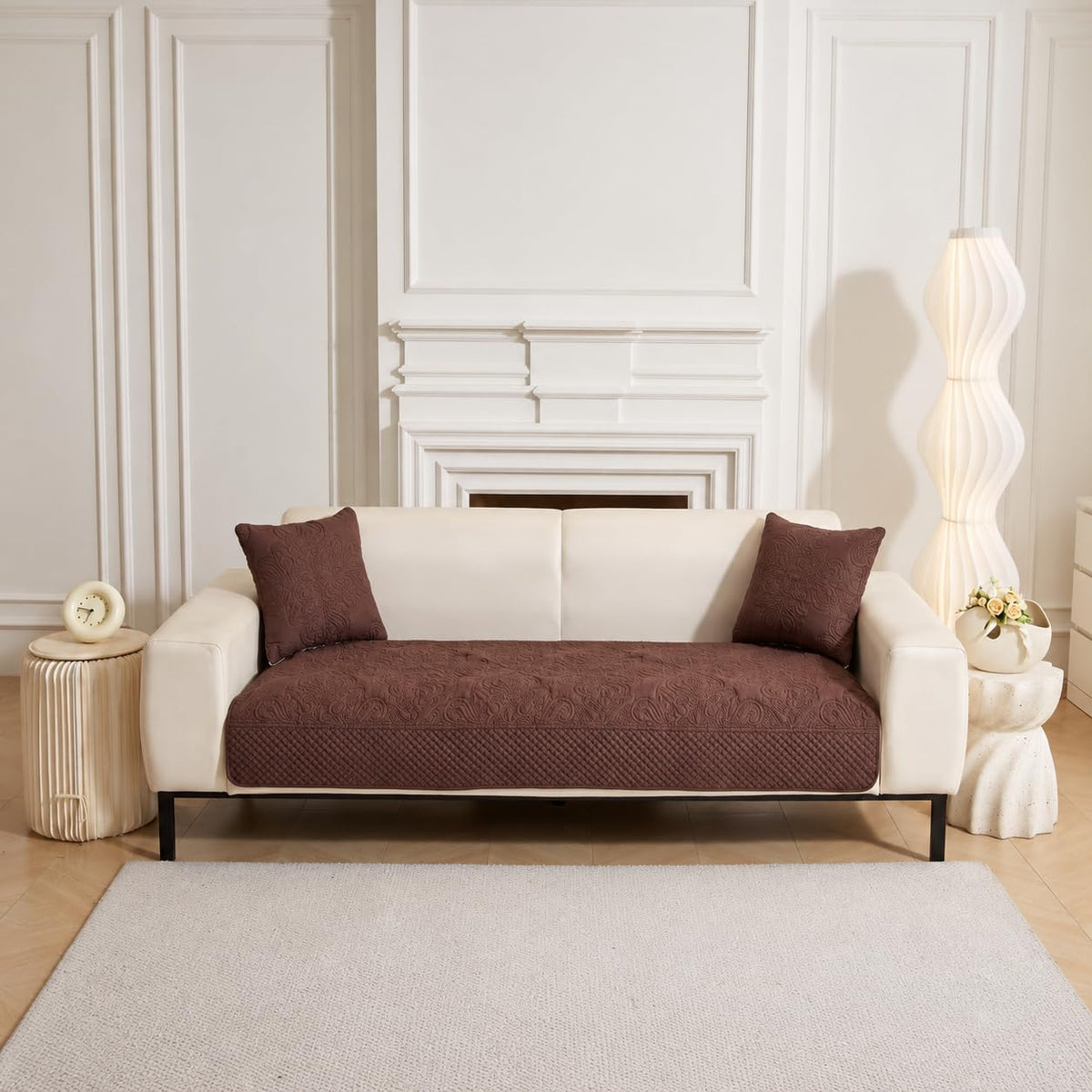 HOMETHREADS Premium Embroidered Cotton Sofa Cover Mat with PVC Backing for Non-Slip Comfort (Brown, 5 Seater | 70x230cm) 5 Seater | 70x230cm Brown