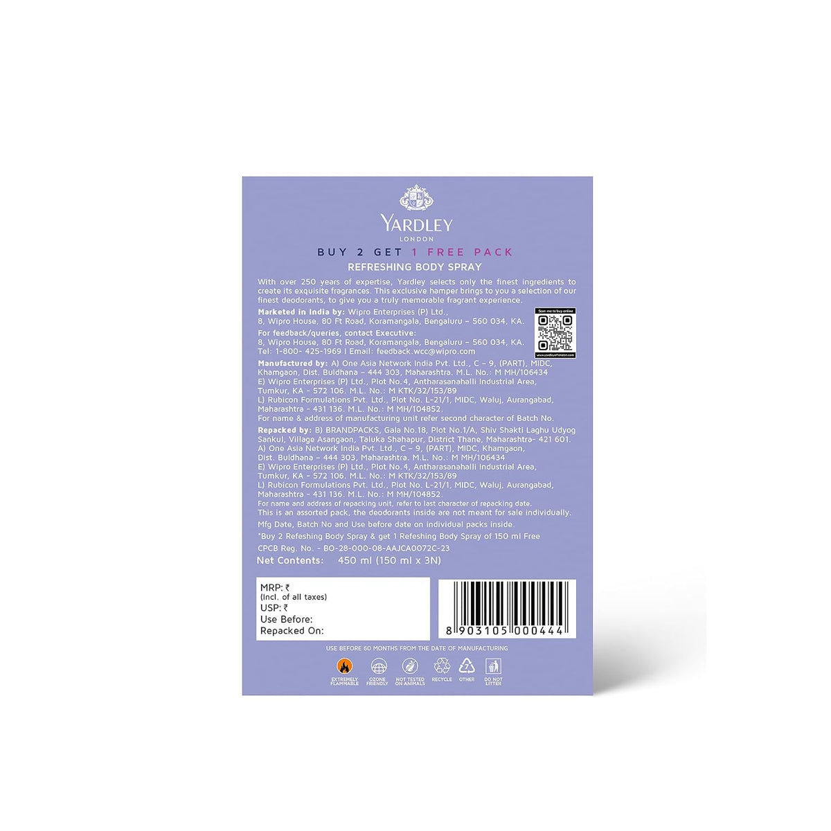 Yardley London Refreshing Deo Body Spray Tripack (English Lavender + English Rose + Morning Dew) for Women, 150ml Each (Pack of 3) 150 ml (Pack of 3)