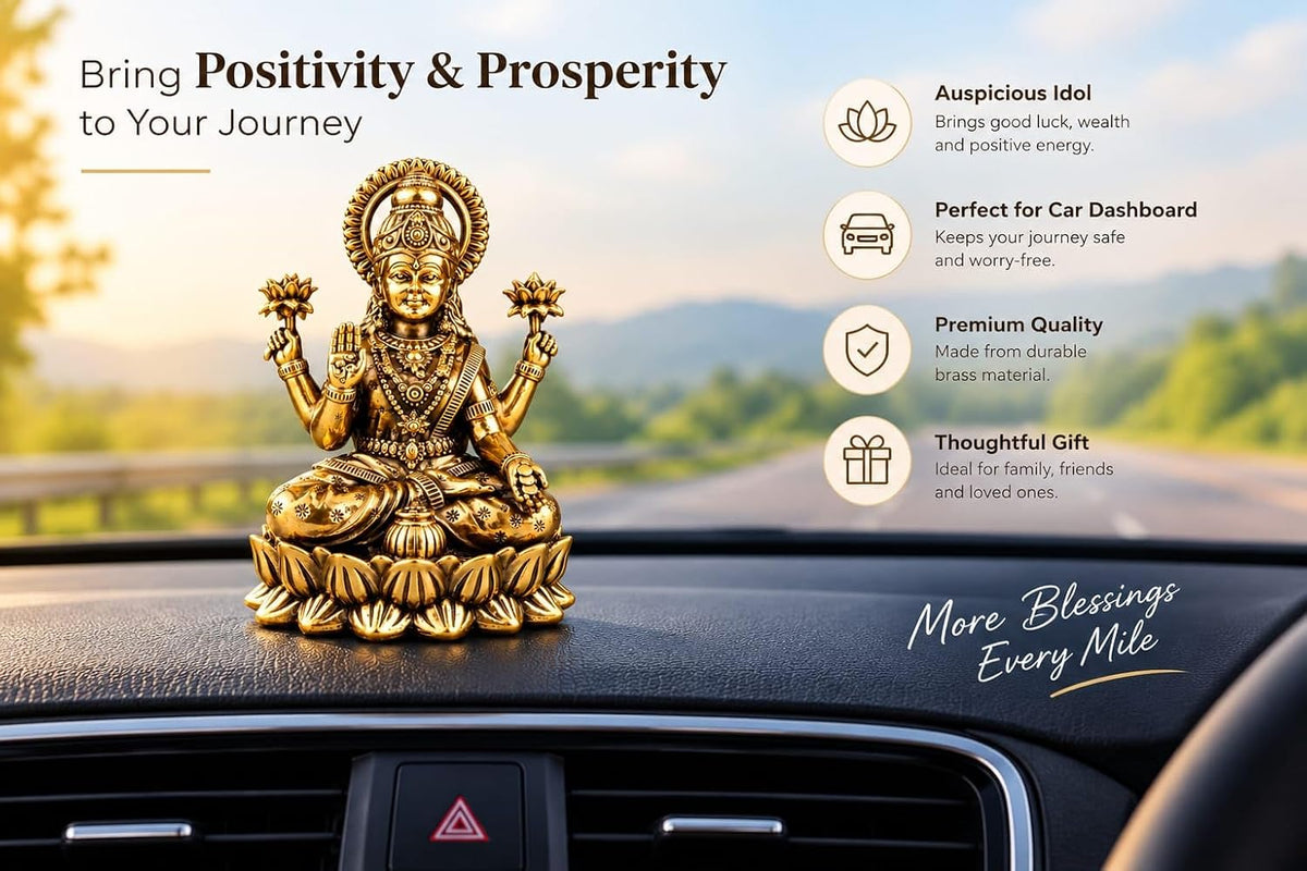 Brass Lakshmi Devi Idol — Sitting Kubera Lakshmi Statue on Lotus with Money Pot, Antique Finish Mahalaxmi Murti for Diwali Pooja & Home Temple, 2.7 Inch