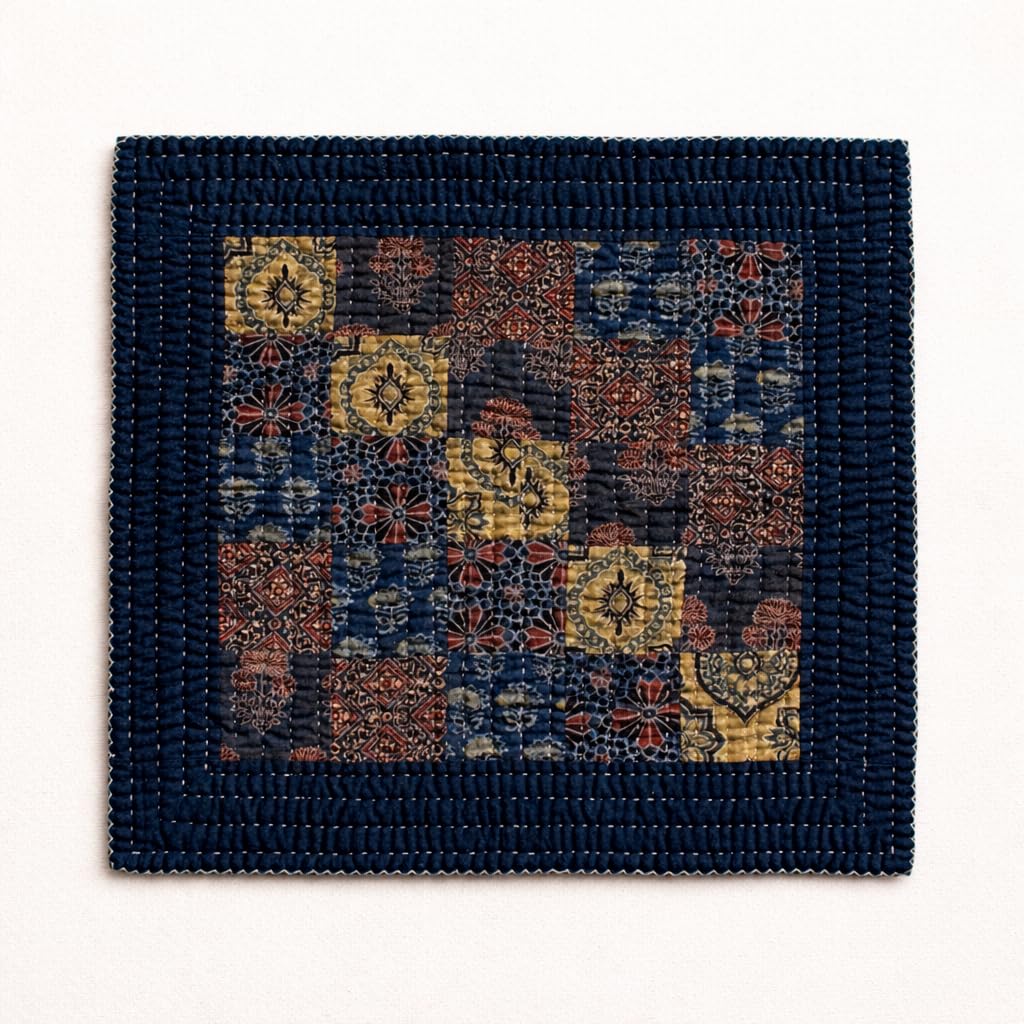 Handmade Applique Cotton Asan | Pooja Mat | Meditation Mat | Newborn Baby Godadi (Blue, Square) Blue Square