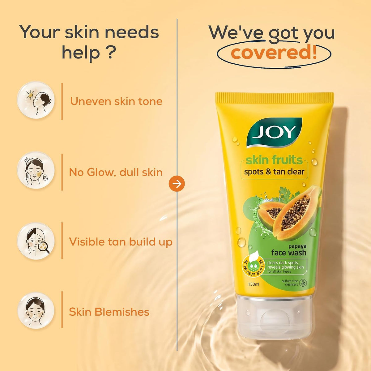 Joy Skin Fruits Spots & Tan Clear Face Wash 150ml x2 | Enriched with Papaya & Vitamin C + A | For Healthy Glowing skin | Suitable for All Skin Types Fresh 150 m