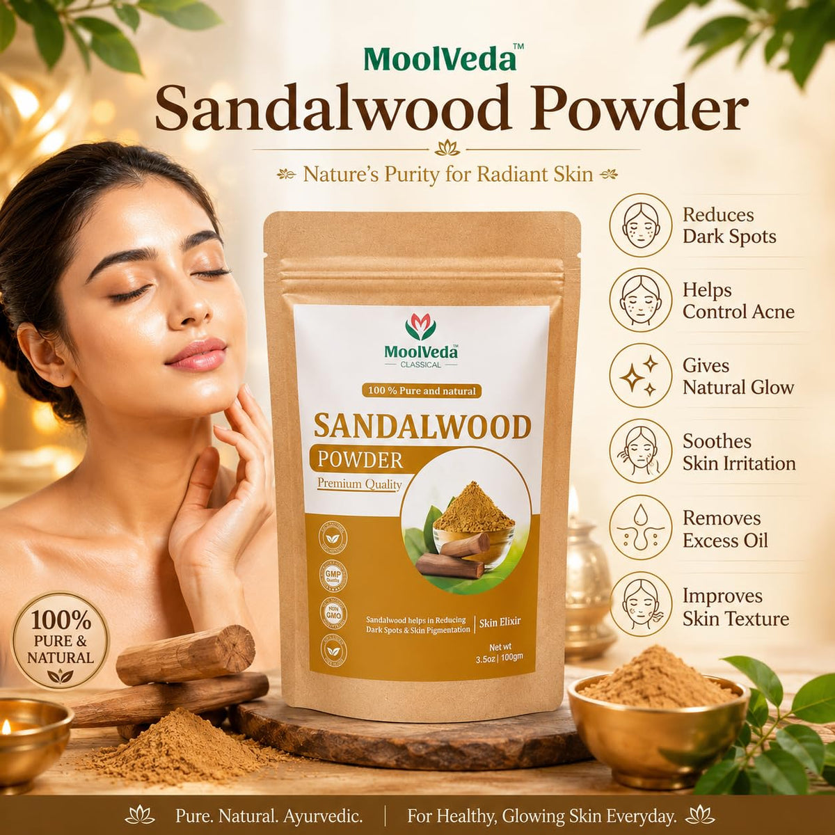 Pure Sandalwood Powder - 100% Natural Chandan for Glowing Skin, Anti-Aging Face Pack, Acne Treatment | Traditional Ayurvedic Beauty | 100gm Sandalwood 100 g (Pa