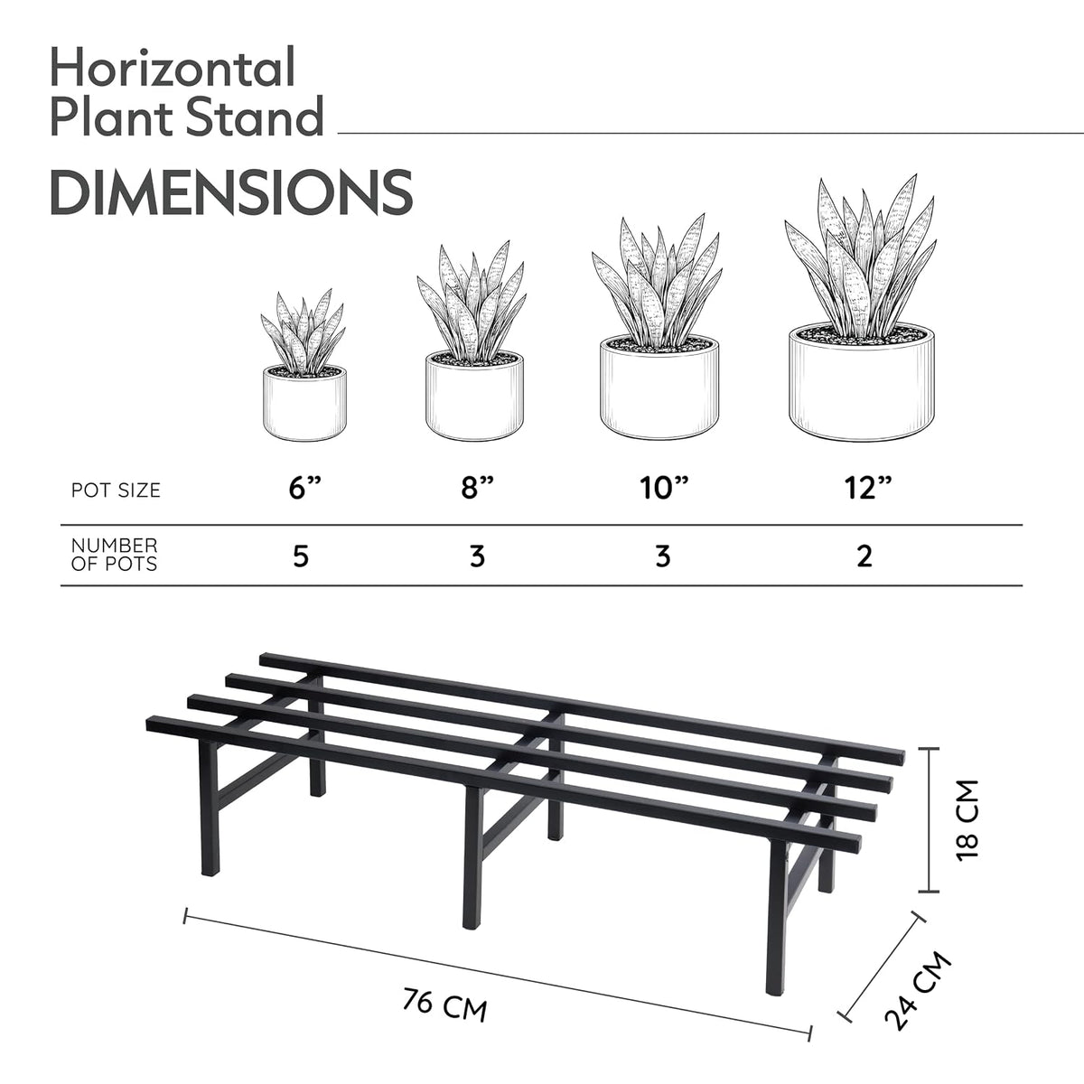 Robustt Horizontal Metal Pot Stand (Set of 2 ) 76x24x18 Cm | Rust-Proof Matte Powder-Coated Pot Stand for Big Size Plants | Supports Up to 200 Kg| Ideal for Bal