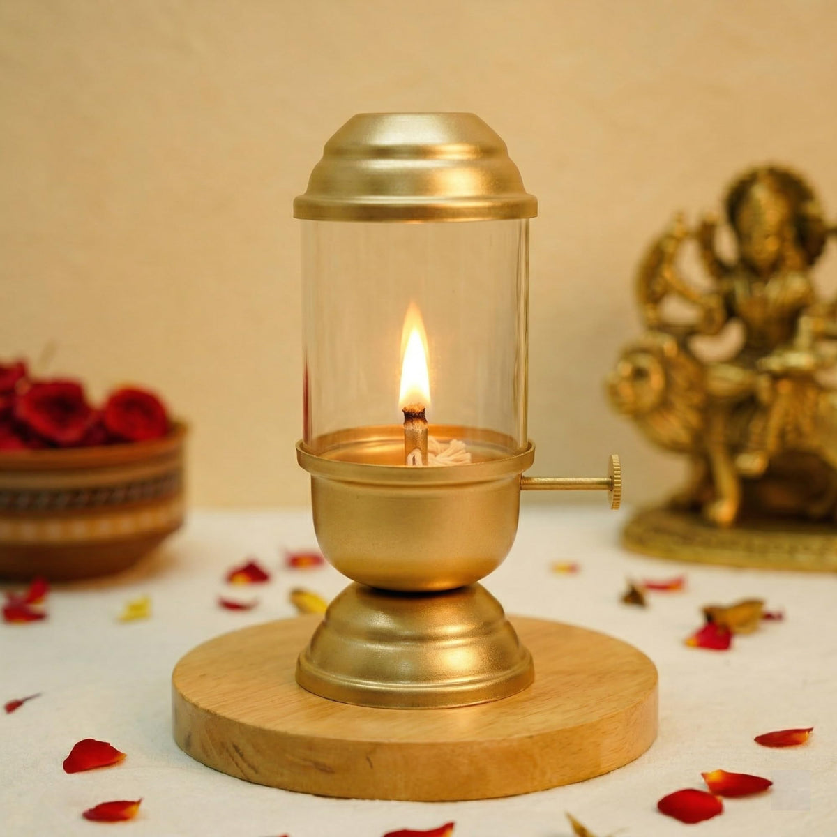 Akhand Diya with Adjustable Bati Knob, Wick Lifting Screw Lever