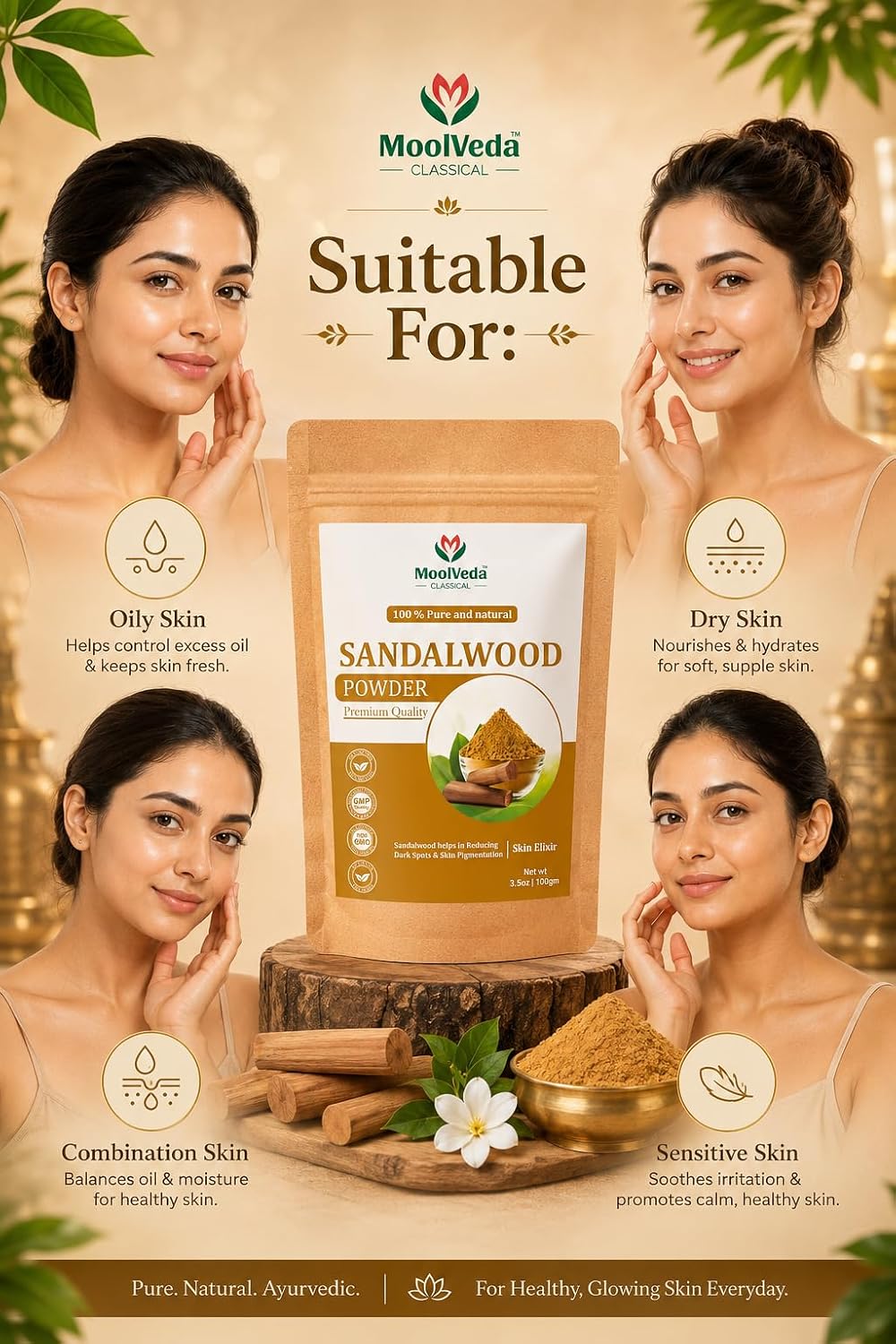Pure Sandalwood Powder - 100% Natural Chandan for Glowing Skin, Anti-Aging Face Pack, Acne Treatment | Traditional Ayurvedic Beauty | 100gm Sandalwood 100 g (Pa