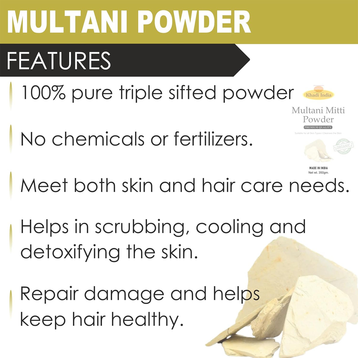 Khadi 100% Pure & Organic Multani Mitti Powder – Natural Clay for Deep Cleansing, Oil Control & Glowing Skin – Face & Hair Pack – 350g